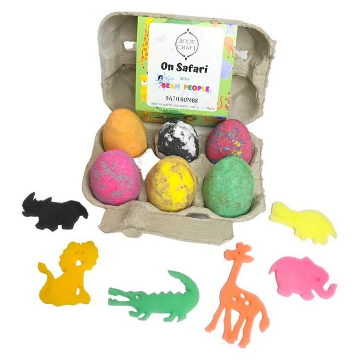 On Safari Bath Bomb Egg Box (incl 6 foam toys) - Timeless Toys